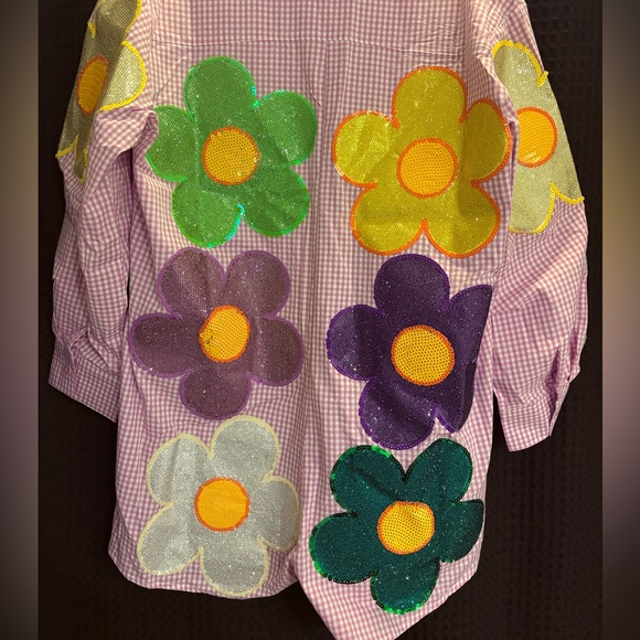 QUEEN OF SPARKLES Purple & White Gingham Oversized Mardi Gras Flower Romper Sm - Picture 5 of 8